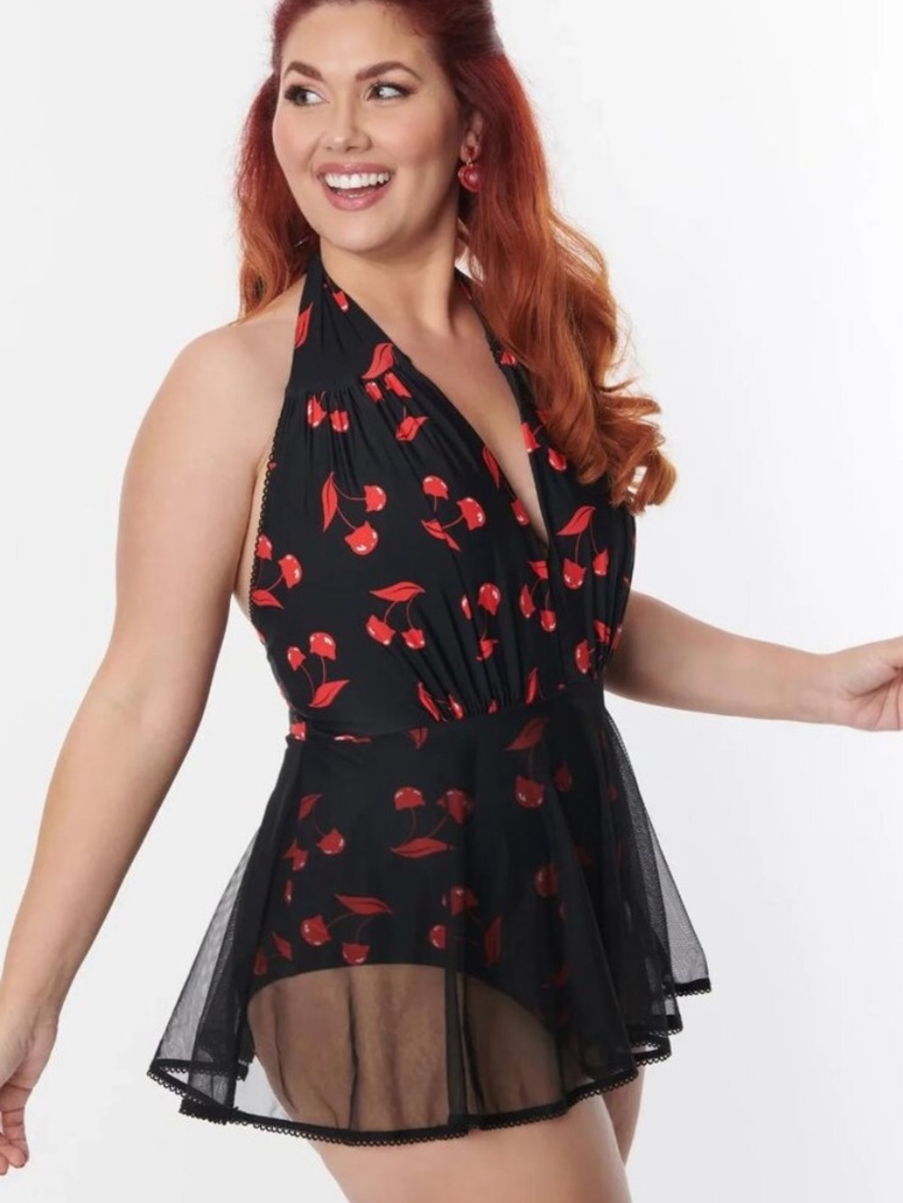 Emily The Strange x Unique Vintage Cherry Cats Skirted Wendy Swimsuit pinup goth